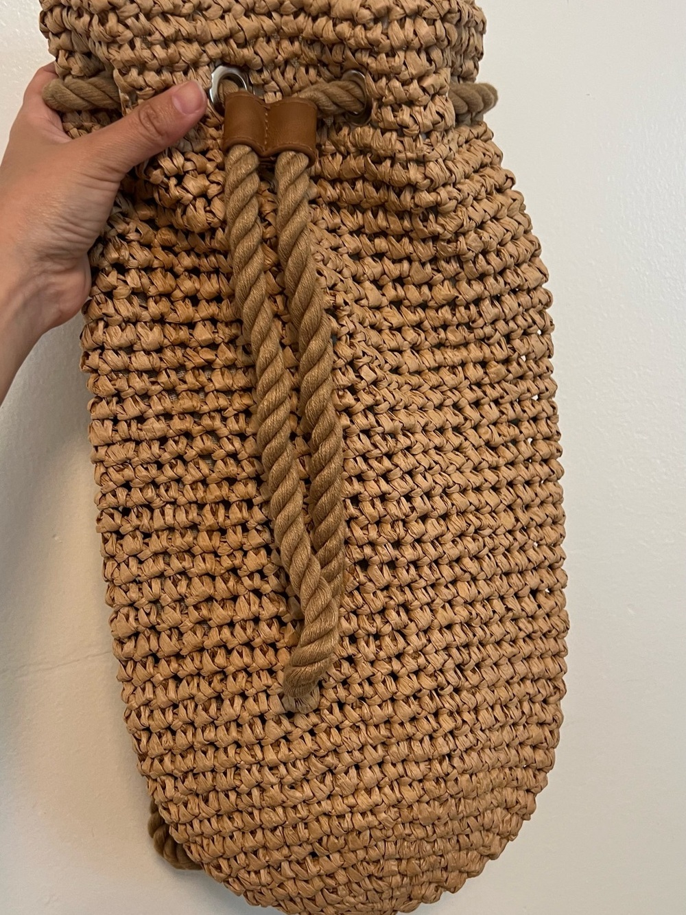 Woven Rope Drawstring Bucket Bag - Tan